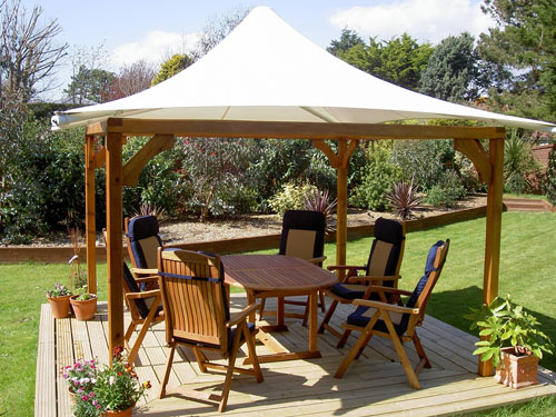  A tensile fabric square coned gazebo with a timber frame 