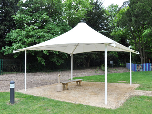  A tensile fabric square coned gazebo with a tubular steel frame