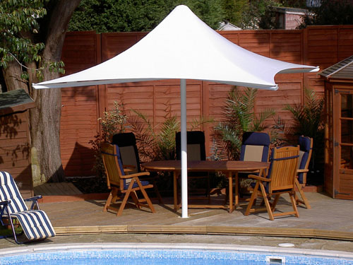  A tensile fabric square coned umbrella with a tubular steel column